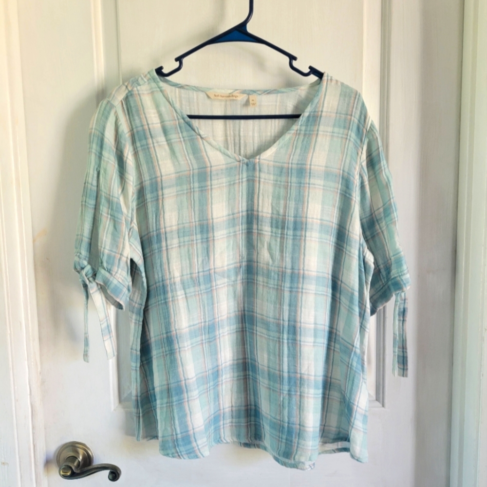 Soft Surroundings | Women's Blue Plaid Top | Size LG Petite